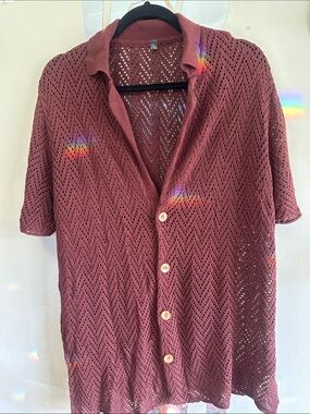 Men's Open-Knit Button-Down Shirt in Maroon